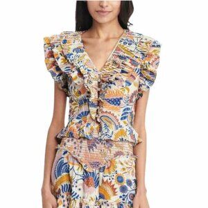 Love the Label Maxine Top Shirt Womens Medium Blue Cream V-Neck Ruffle Smocked